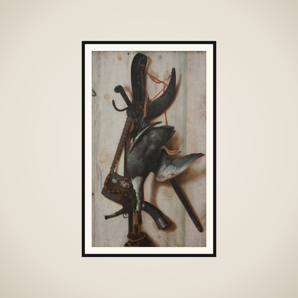 Trompe l'oeil med død and og jagtredskaber framed
