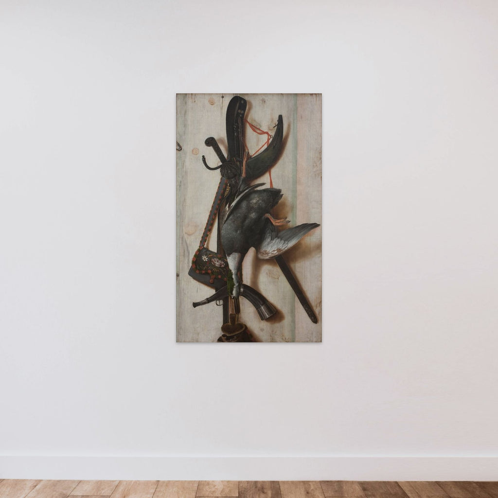 Trompe l'oeil med død and og jagtredskaber unframed — shown to scale