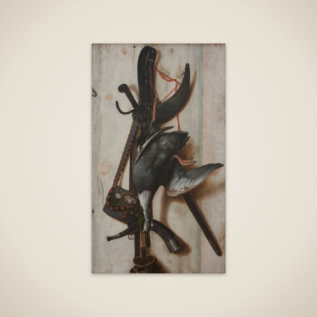 Trompe l'oeil med død and og jagtredskaber unframed print