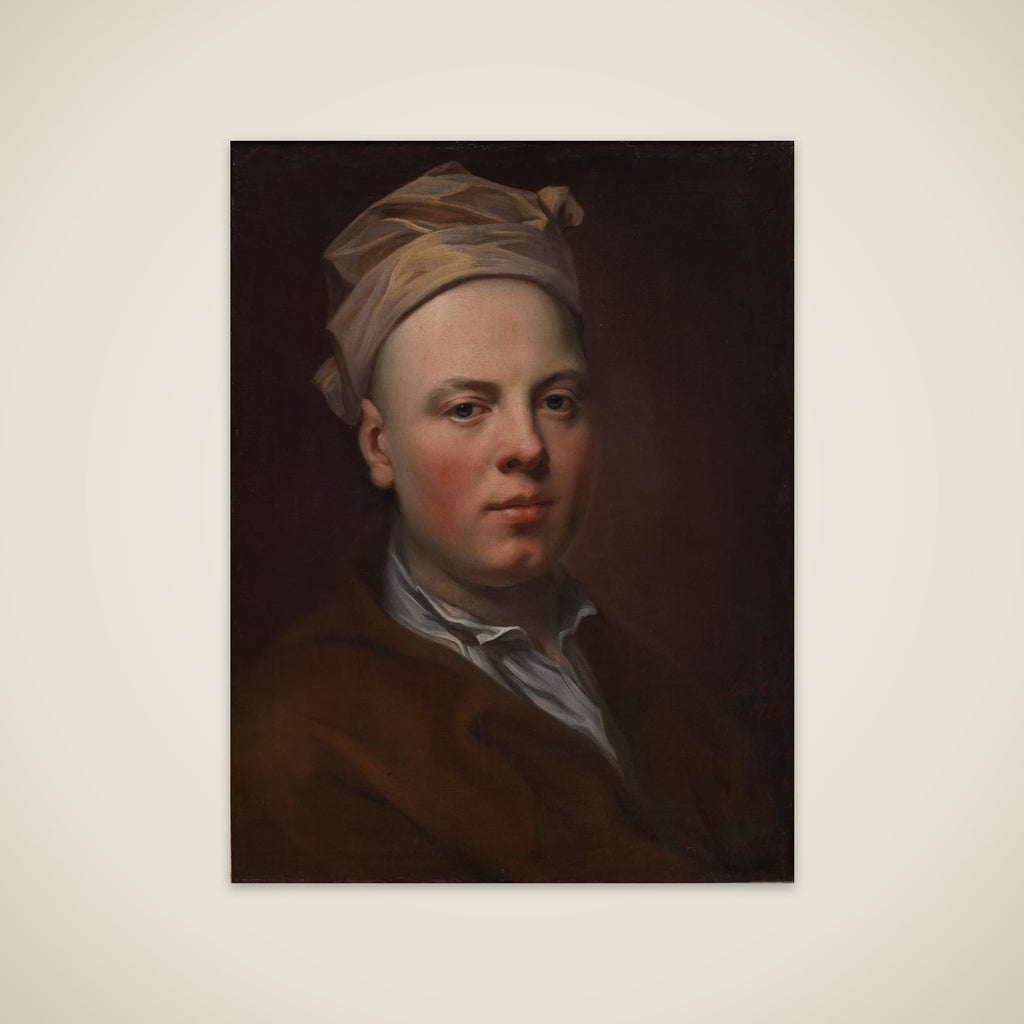 Portræt af en ung mand med hvid hue på hovedet unframed print
