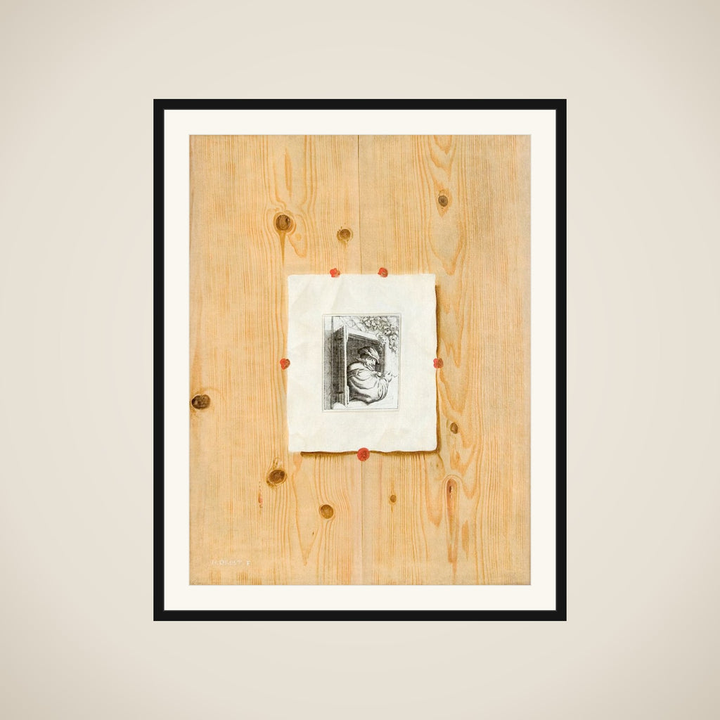 Trompe l´oeil. Bræddevæg med en radering af en mand med en pibe. framed