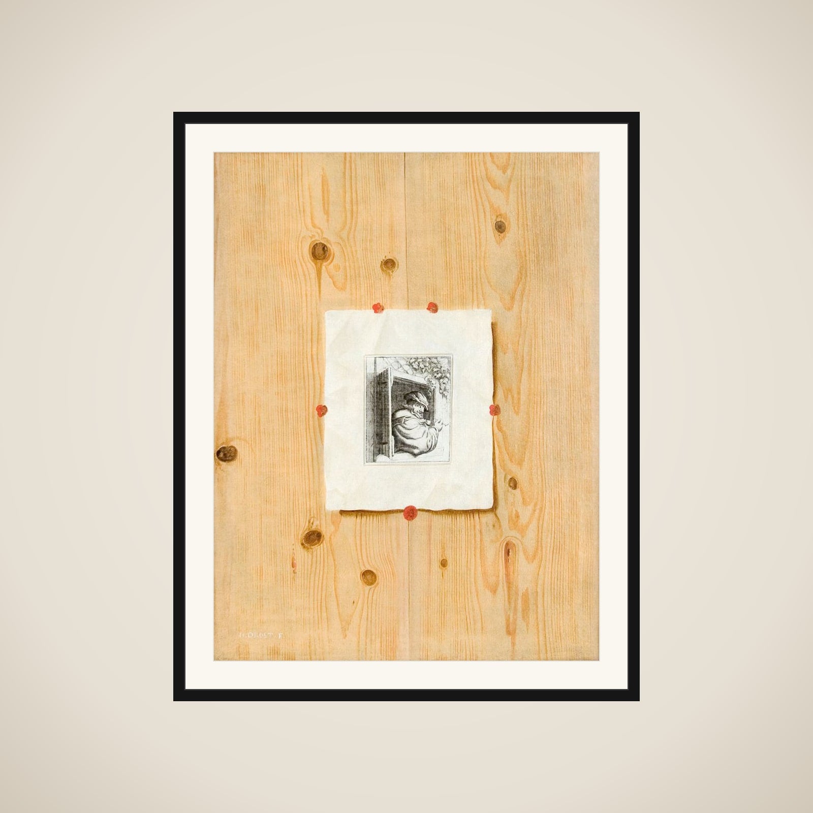 Trompe l´oeil. Bræddevæg med en radering af en mand med en pibe. framed