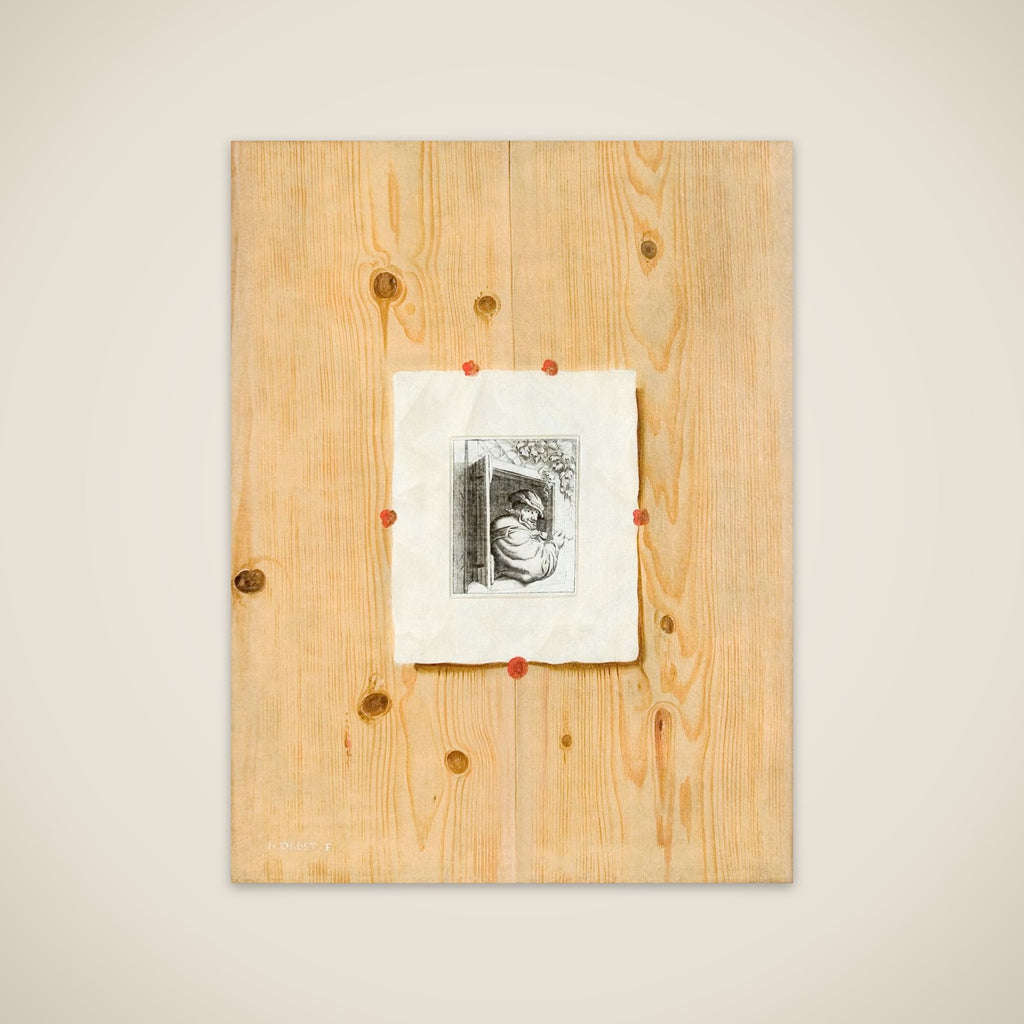Trompe l´oeil. Bræddevæg med en radering af en mand med en pibe. unframed print