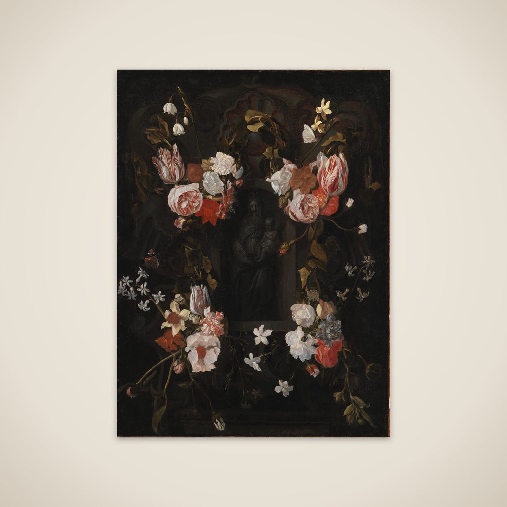 En blomsterkranset niche med en stenfigur af Madonna unframed print