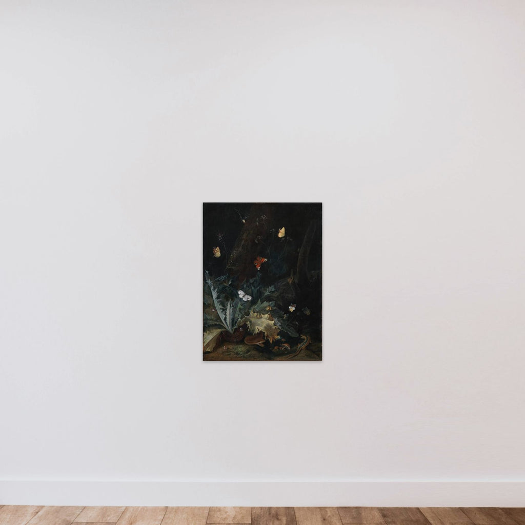 Skovbund med tidsel, en slange, et firben og sommerfugle unframed — shown to scale