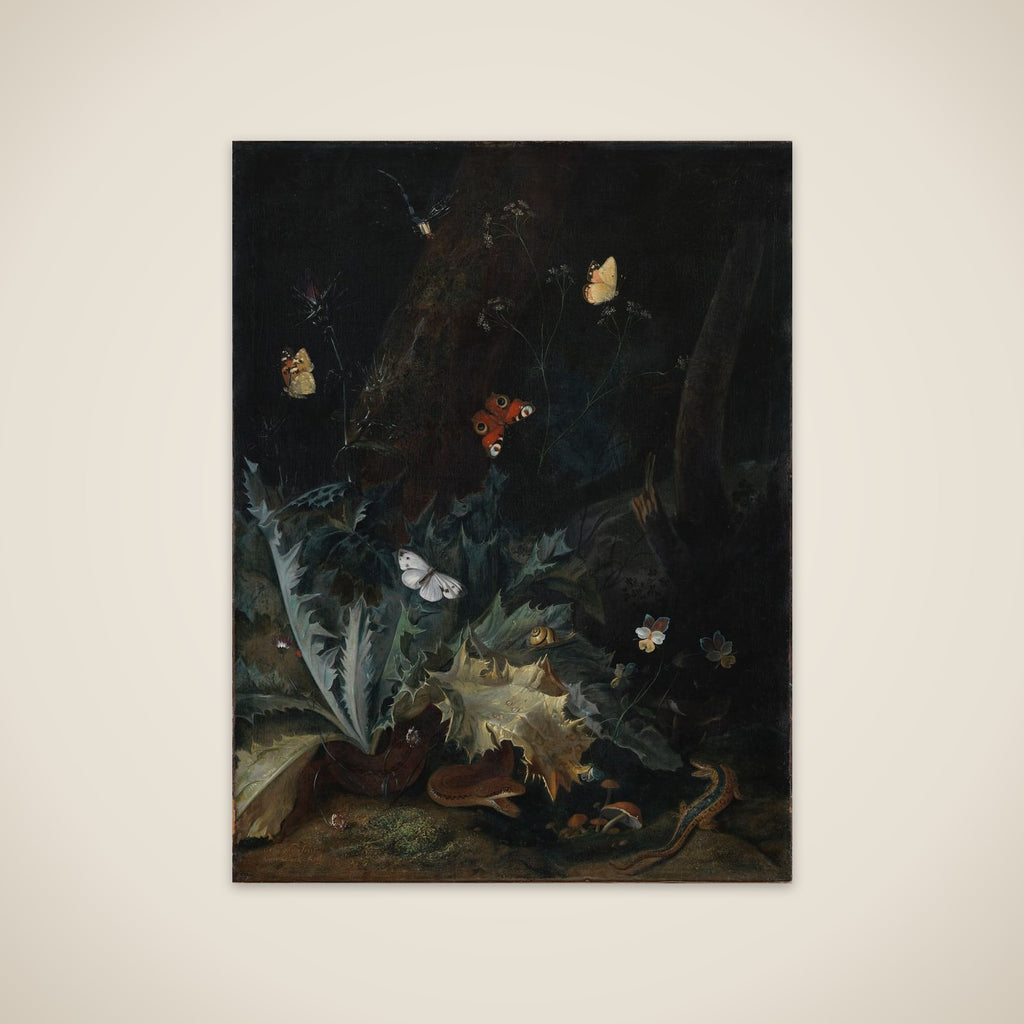 Skovbund med tidsel, en slange, et firben og sommerfugle unframed print