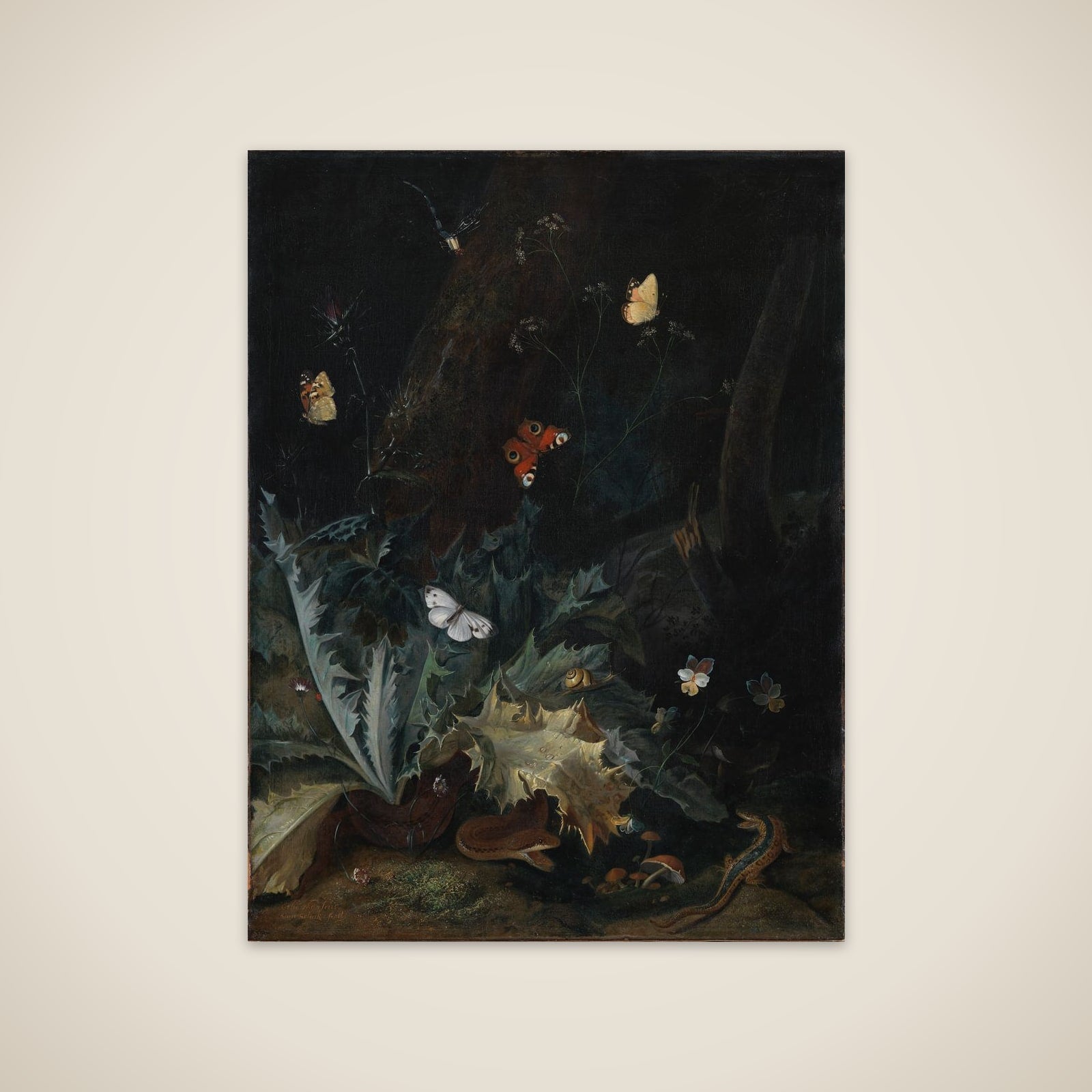 Skovbund med tidsel, en slange, et firben og sommerfugle unframed print