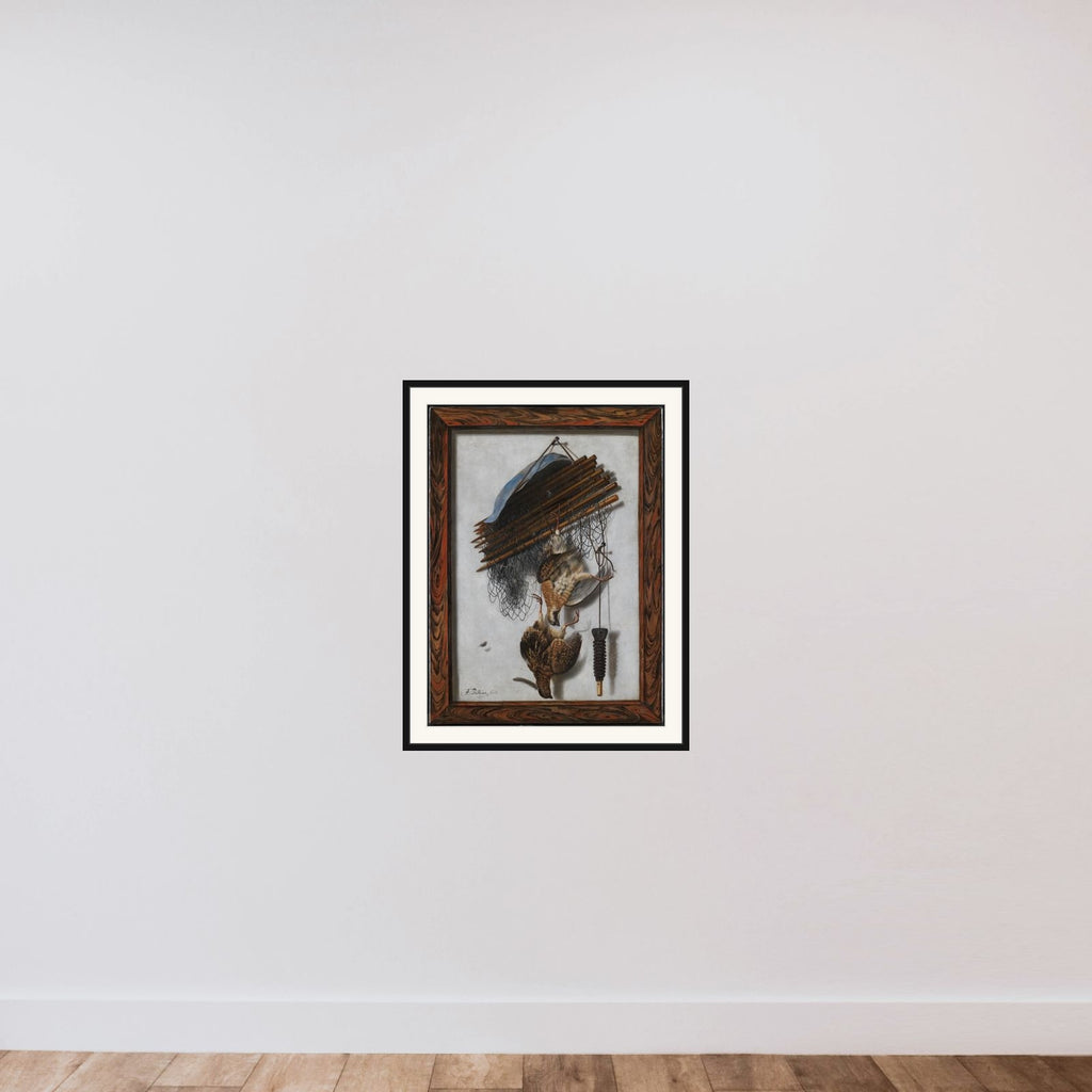 Trompe l'oeil. Indrammet billede med dødt fuglevildt og fuglenet ophængt på en mur framed — shown to scale