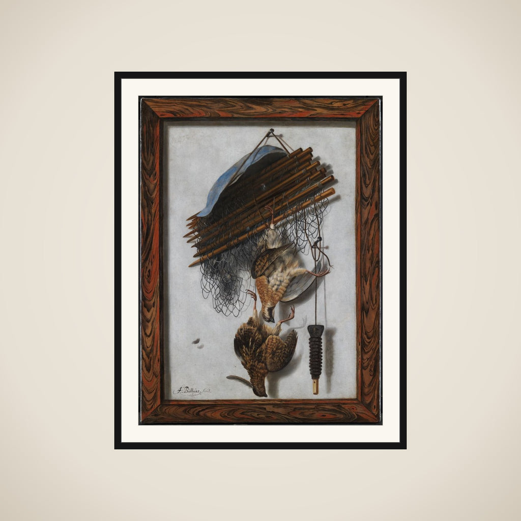 Trompe l'oeil. Indrammet billede med dødt fuglevildt og fuglenet ophængt på en mur framed