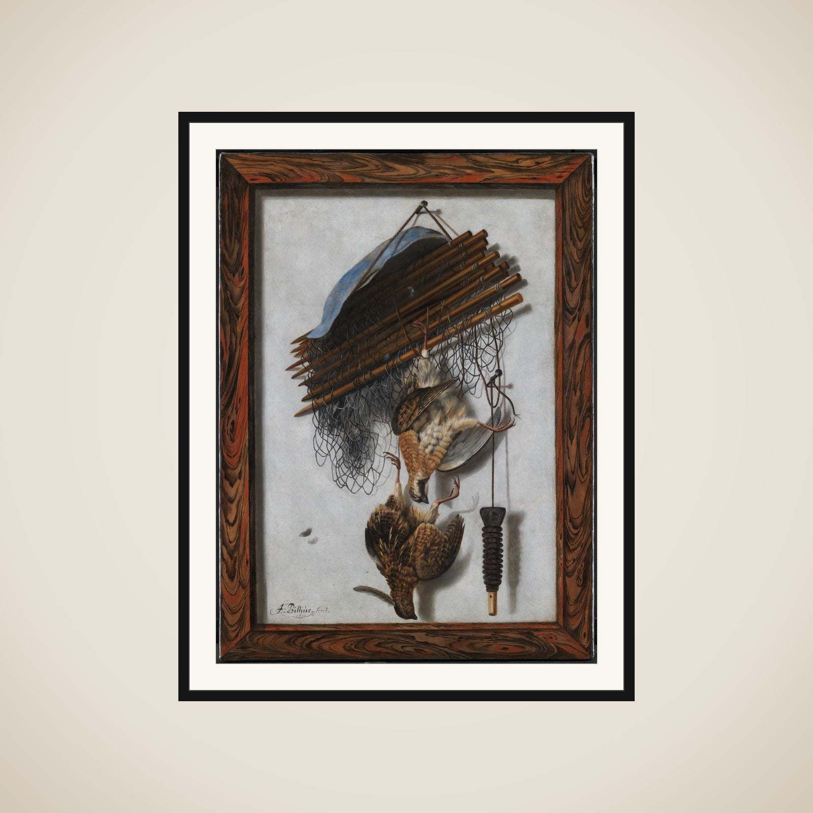 Trompe l'oeil. Indrammet billede med dødt fuglevildt og fuglenet ophængt på en mur framed