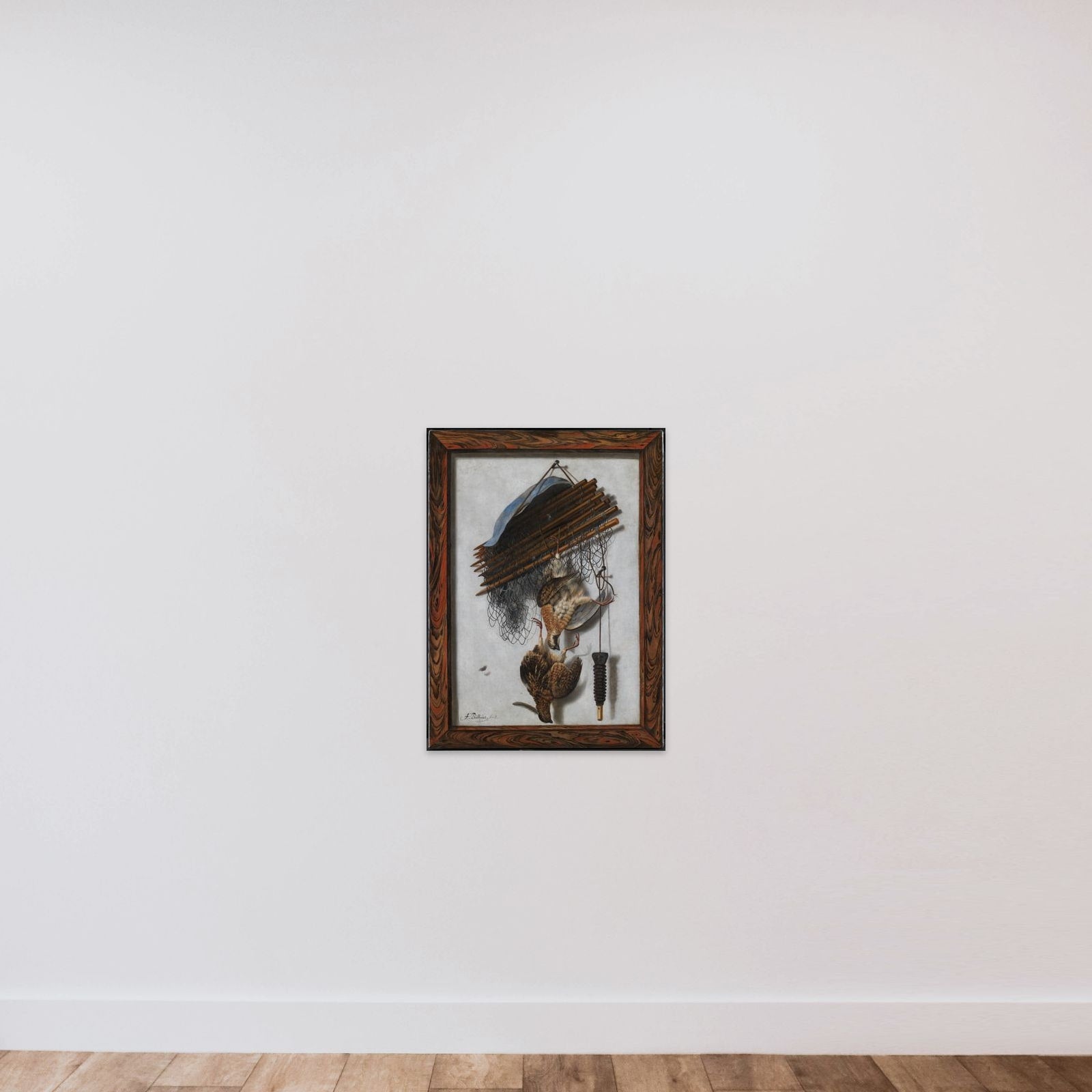 Trompe l'oeil. Indrammet billede med dødt fuglevildt og fuglenet ophængt på en mur unframed — shown to scale