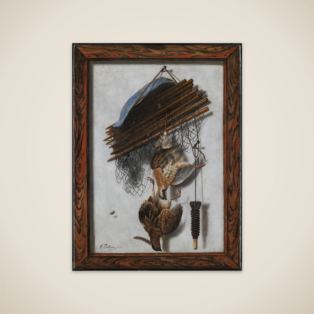 Trompe l'oeil. Indrammet billede med dødt fuglevildt og fuglenet ophængt på en mur unframed print