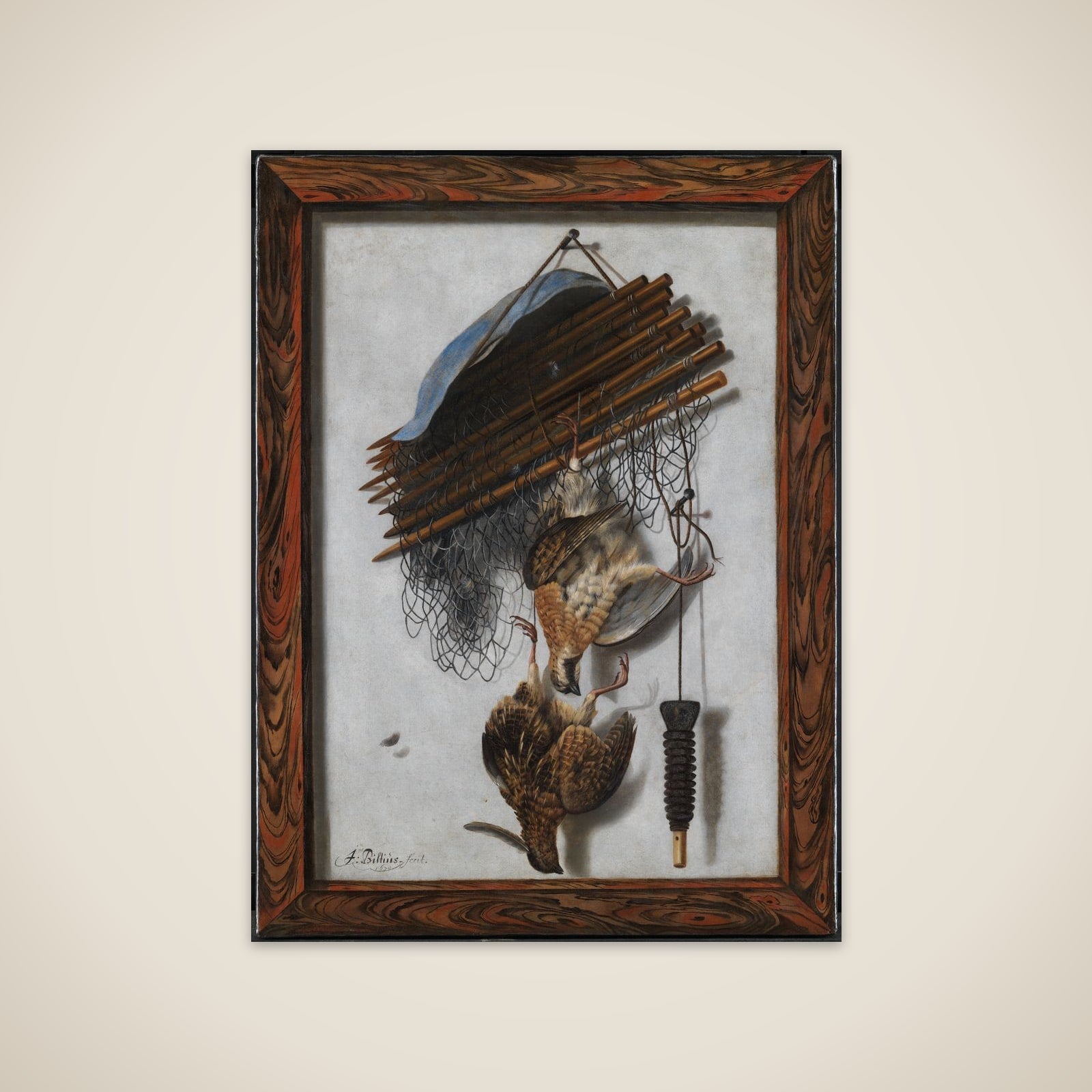 Trompe l'oeil. Indrammet billede med dødt fuglevildt og fuglenet ophængt på en mur unframed print