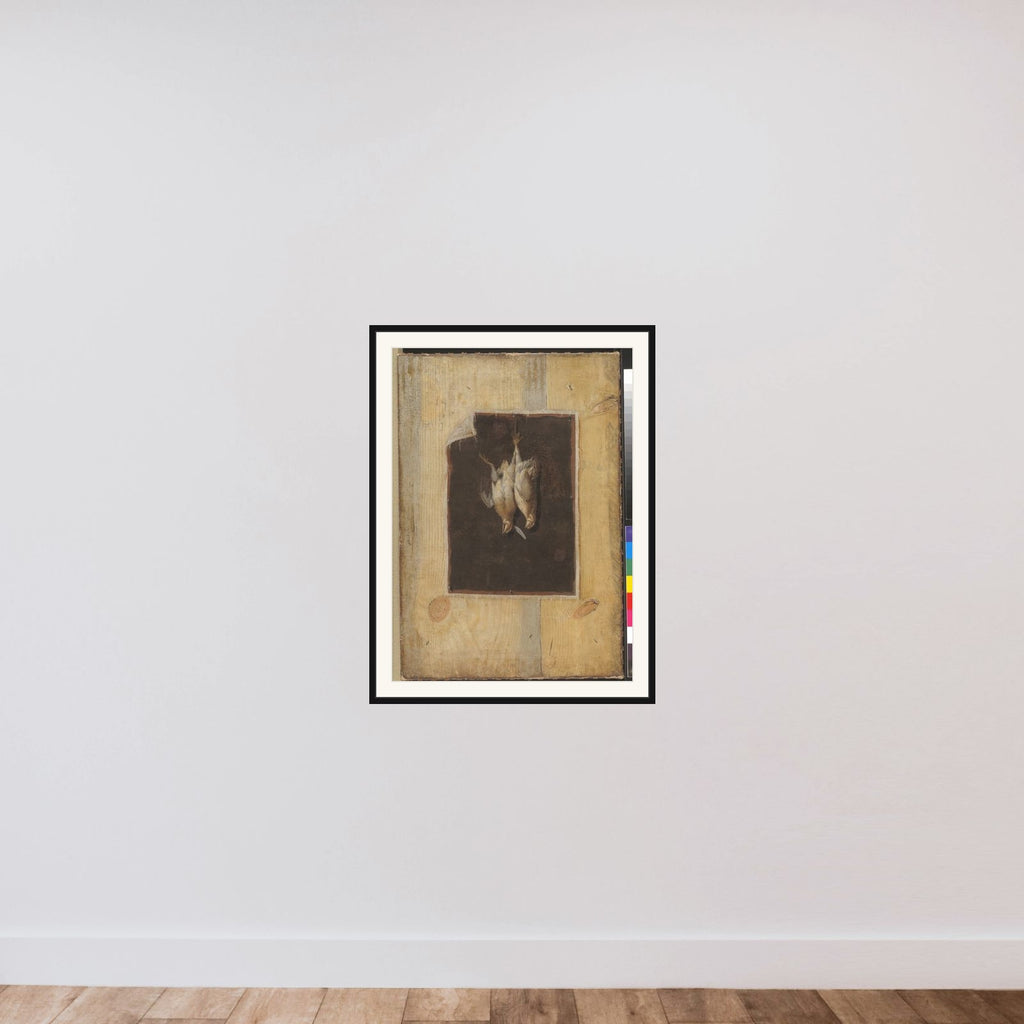 Trompe l'oeil. Bræddevæg med stilleben af to døde fugle ophængt på en væg framed — shown to scale
