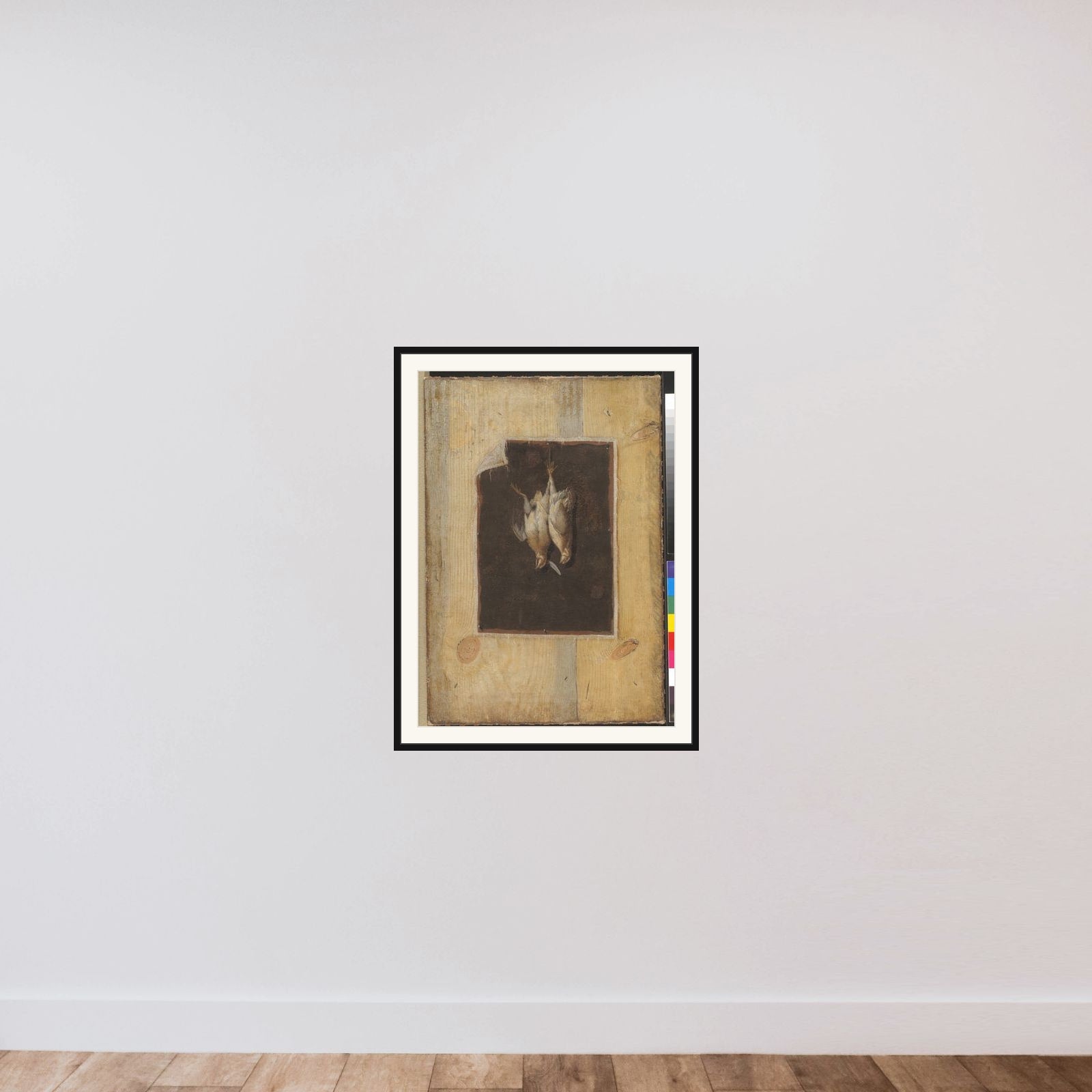 Trompe l'oeil. Bræddevæg med stilleben af to døde fugle ophængt på en væg framed — shown to scale