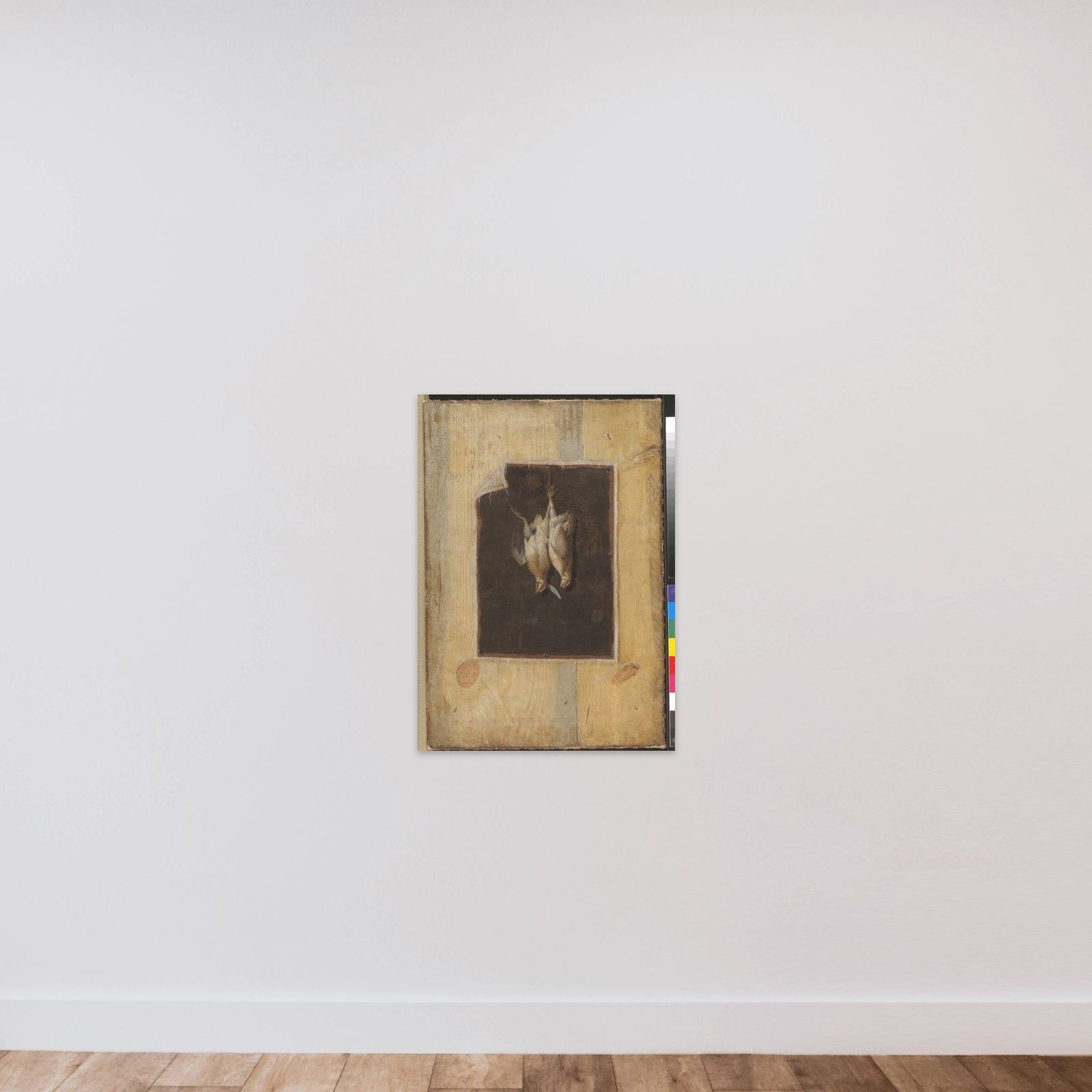 Trompe l'oeil. Bræddevæg med stilleben af to døde fugle ophængt på en væg unframed — shown to scale