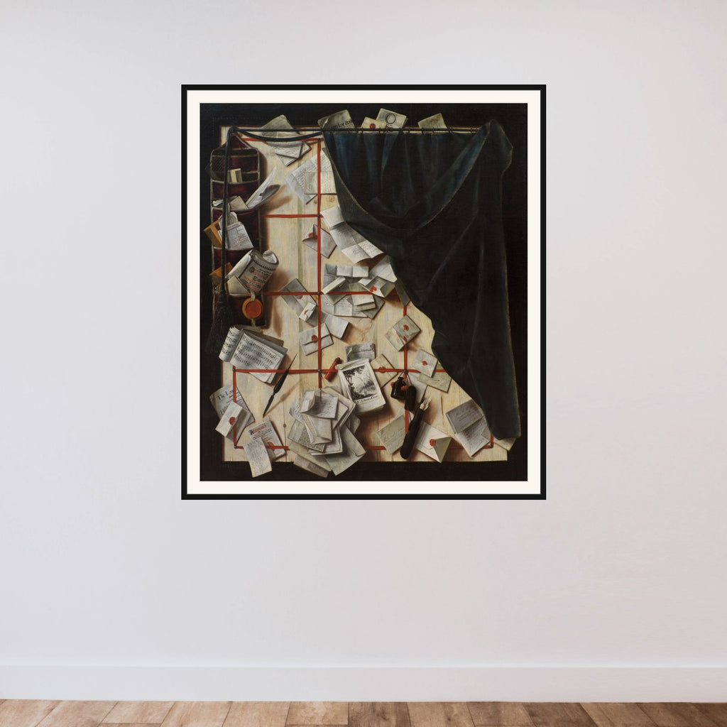 Trompe l'oeil. Brevvæg med kamfoder og nodehæfte. framed — shown to scale