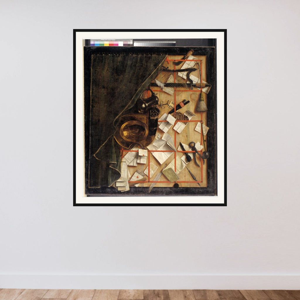 Trompe l'oeil. Brevvæg med bartskær-instrumenter framed — shown to scale