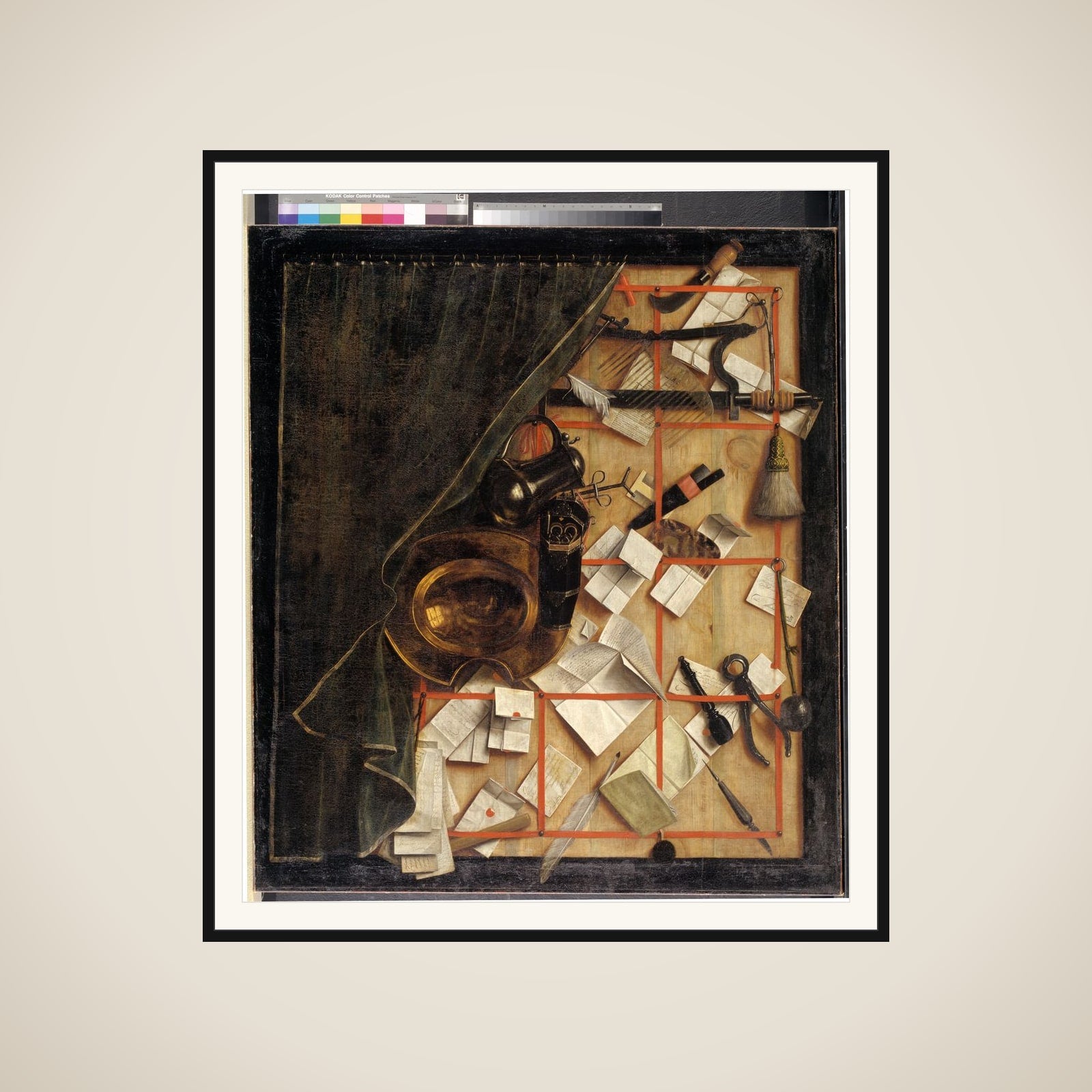 Trompe l'oeil. Brevvæg med bartskær-instrumenter framed