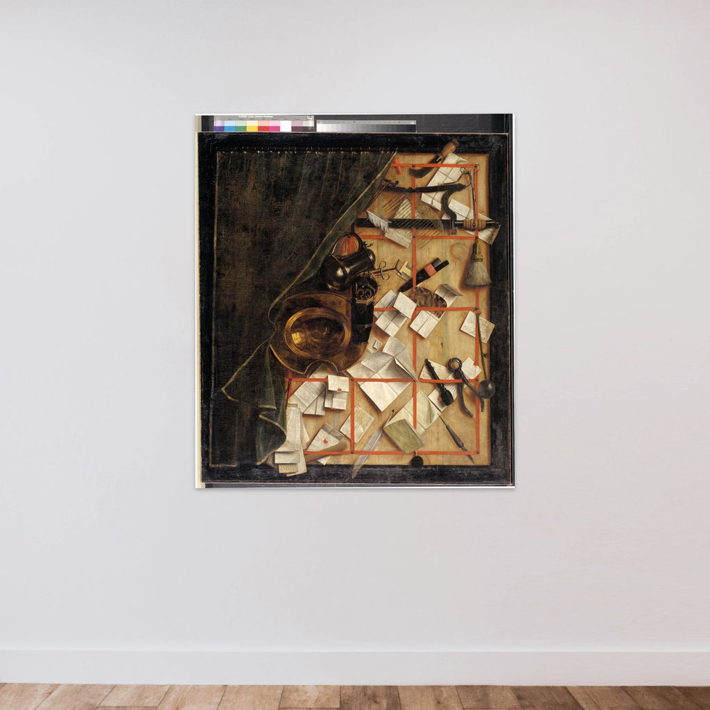 Trompe l'oeil. Brevvæg med bartskær-instrumenter unframed — shown to scale