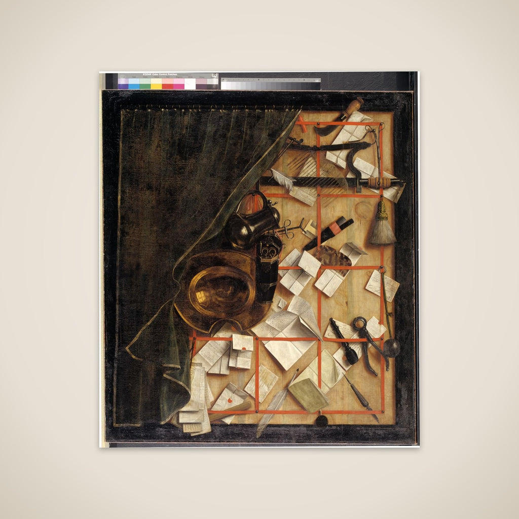 Trompe l'oeil. Brevvæg med bartskær-instrumenter unframed print