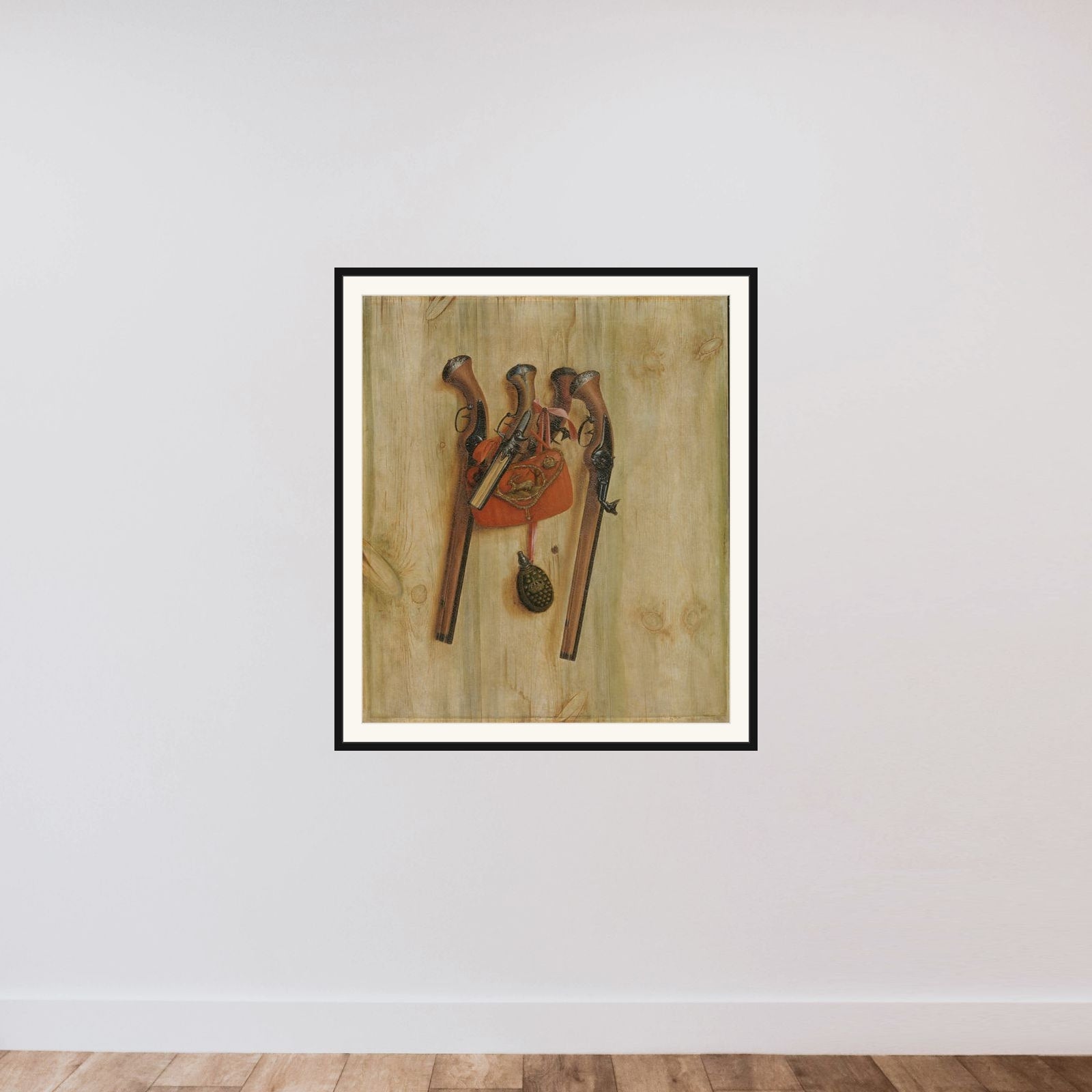 Trompe l'oeil med pistoler framed — shown to scale