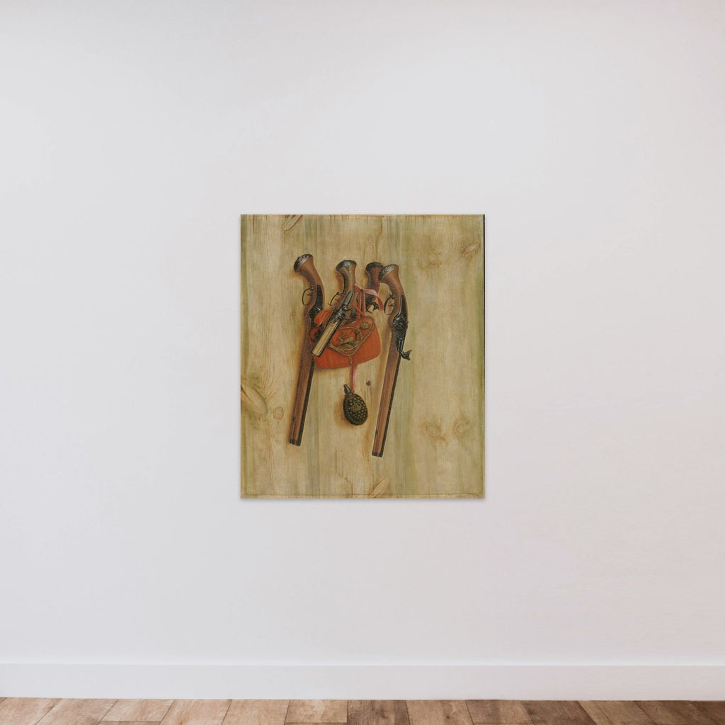 Trompe l'oeil med pistoler unframed — shown to scale