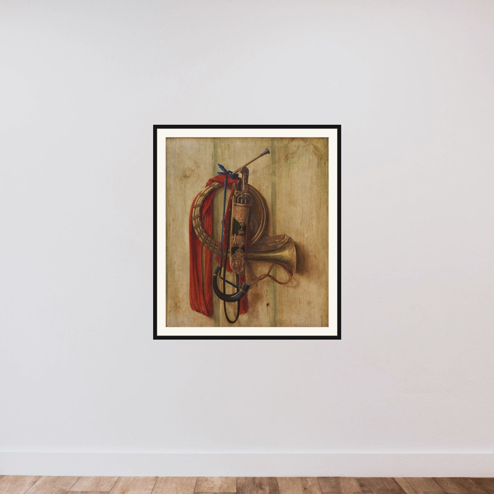 Trompe l'oeil med Christian Vs udstyr til parforcejagt framed — shown to scale