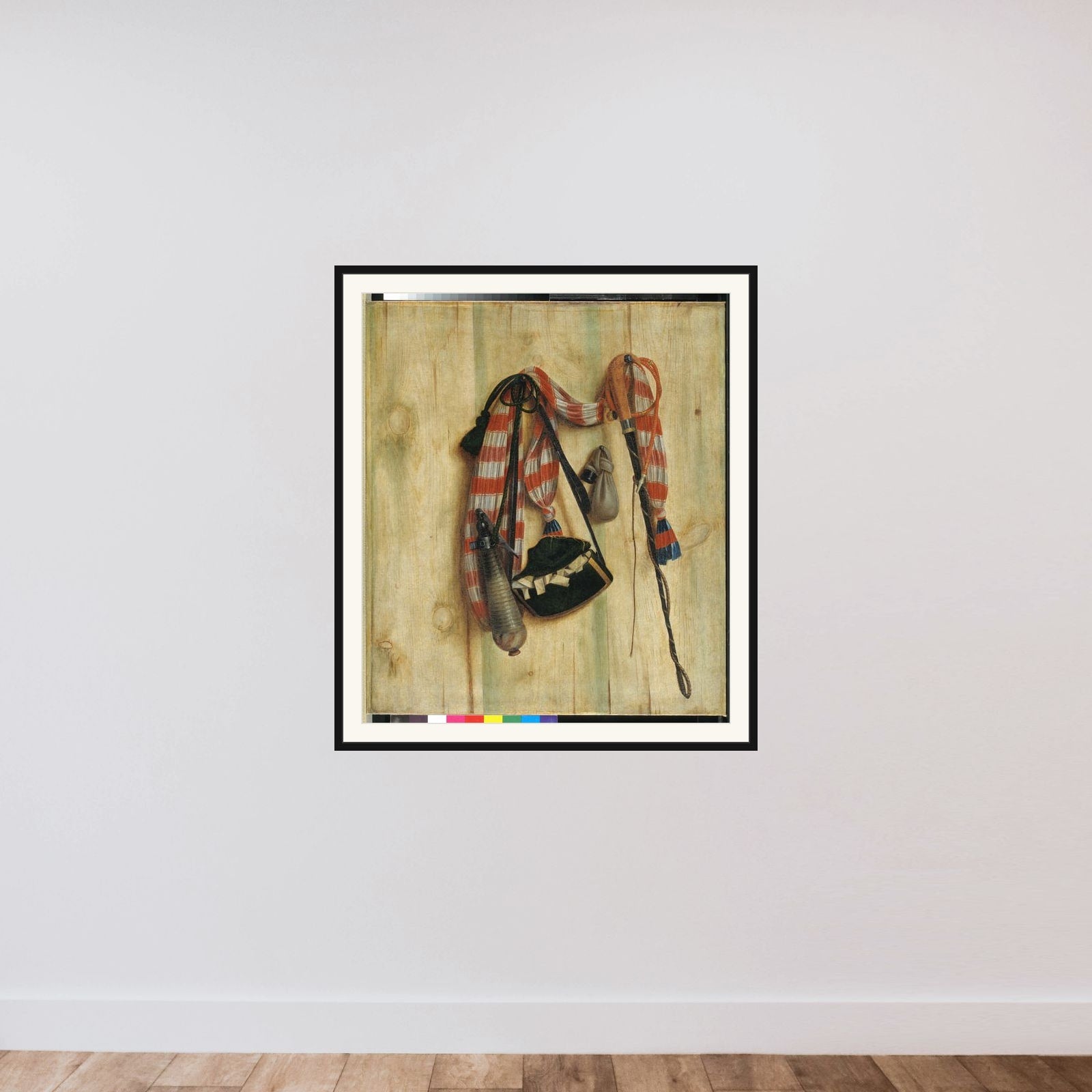 Trompe l'oeil med ridepisk og brevtaske framed — shown to scale