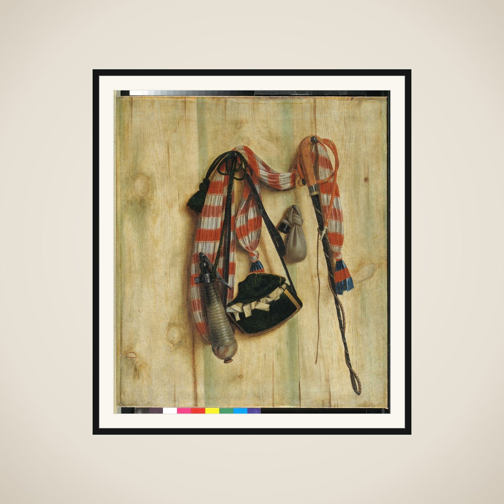 Trompe l'oeil med ridepisk og brevtaske framed