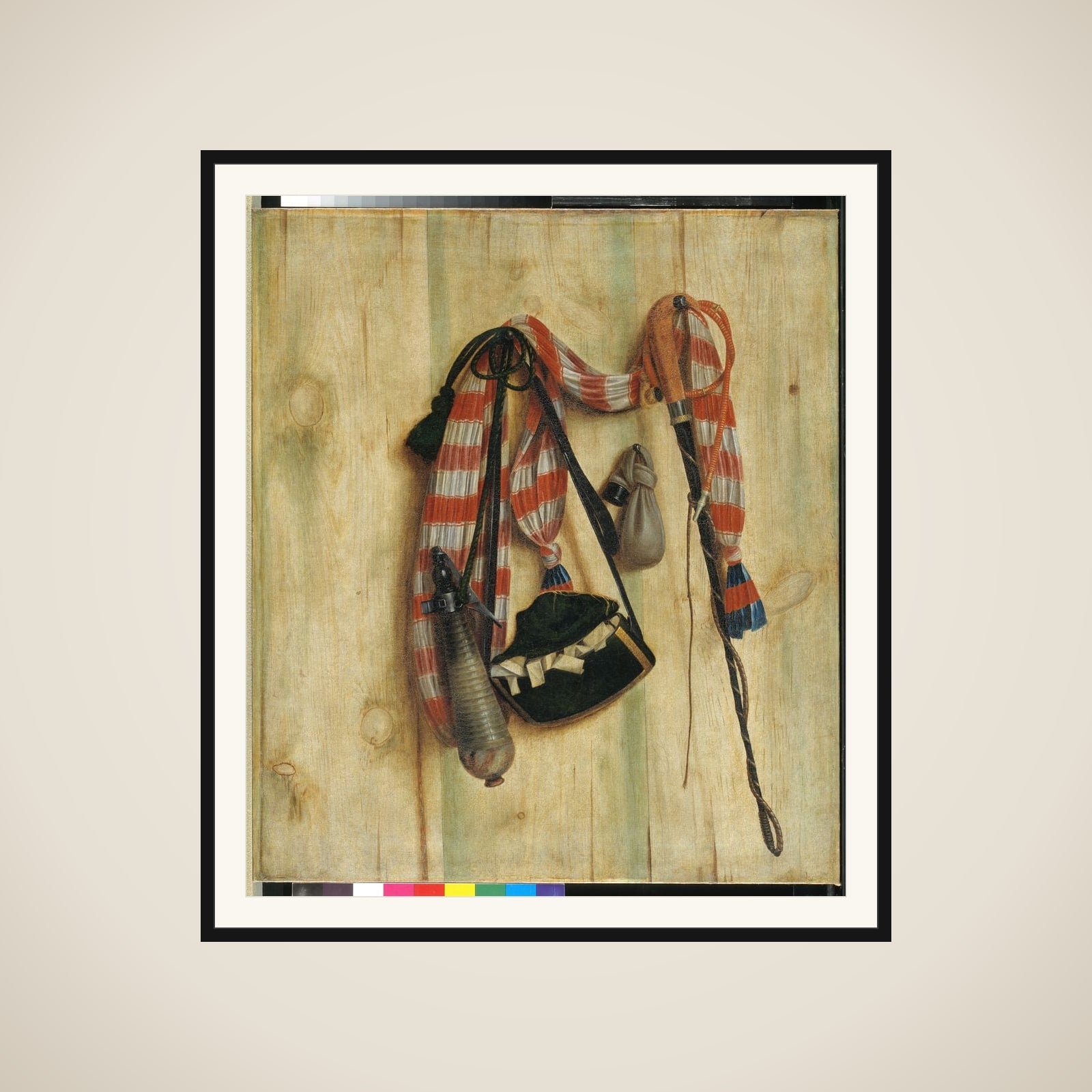 Trompe l'oeil med ridepisk og brevtaske framed