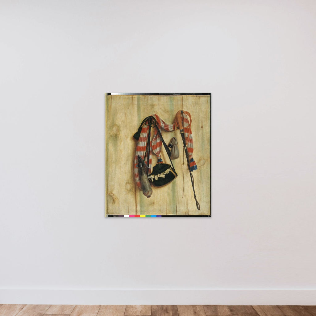 Trompe l'oeil med ridepisk og brevtaske unframed — shown to scale