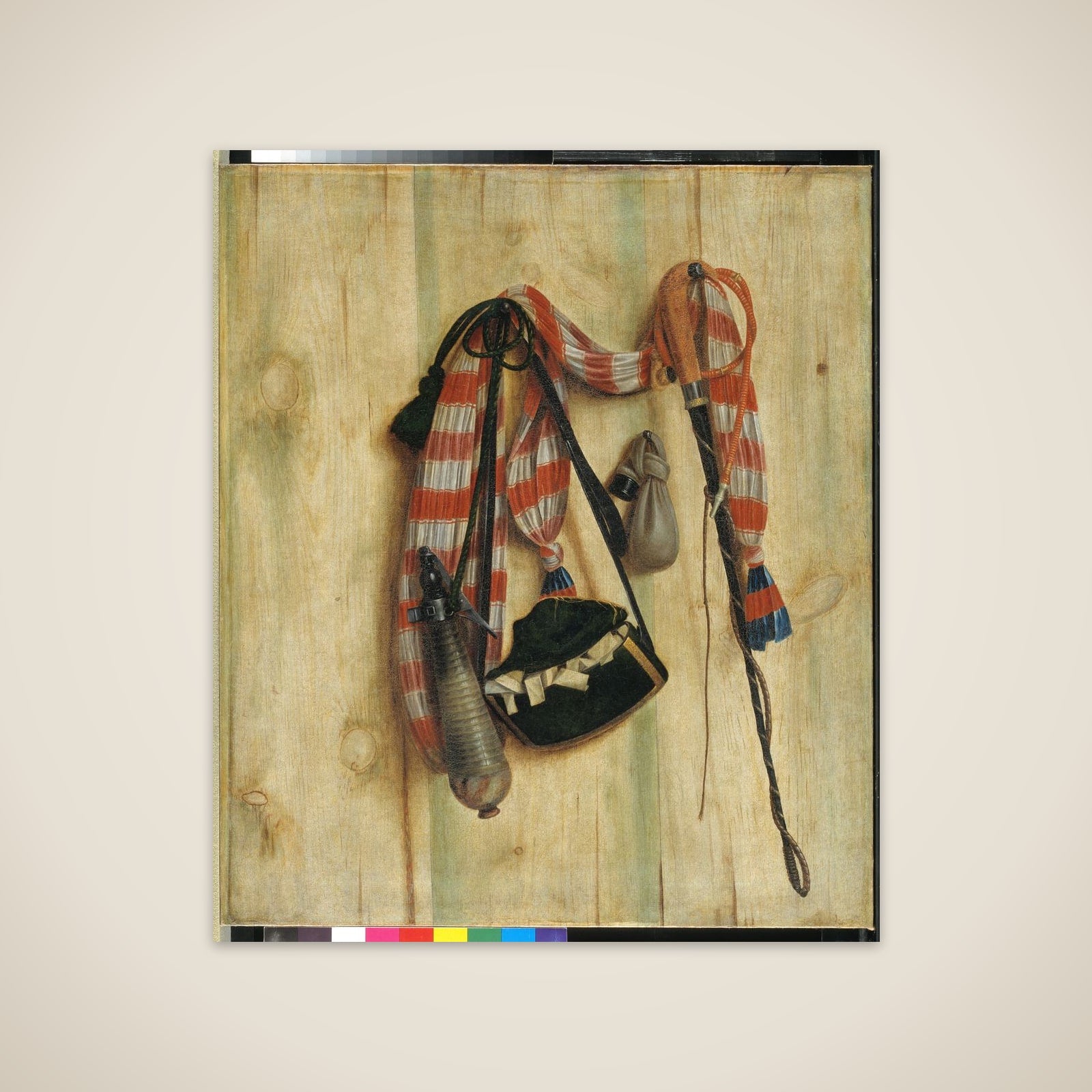 Trompe l'oeil med ridepisk og brevtaske unframed print