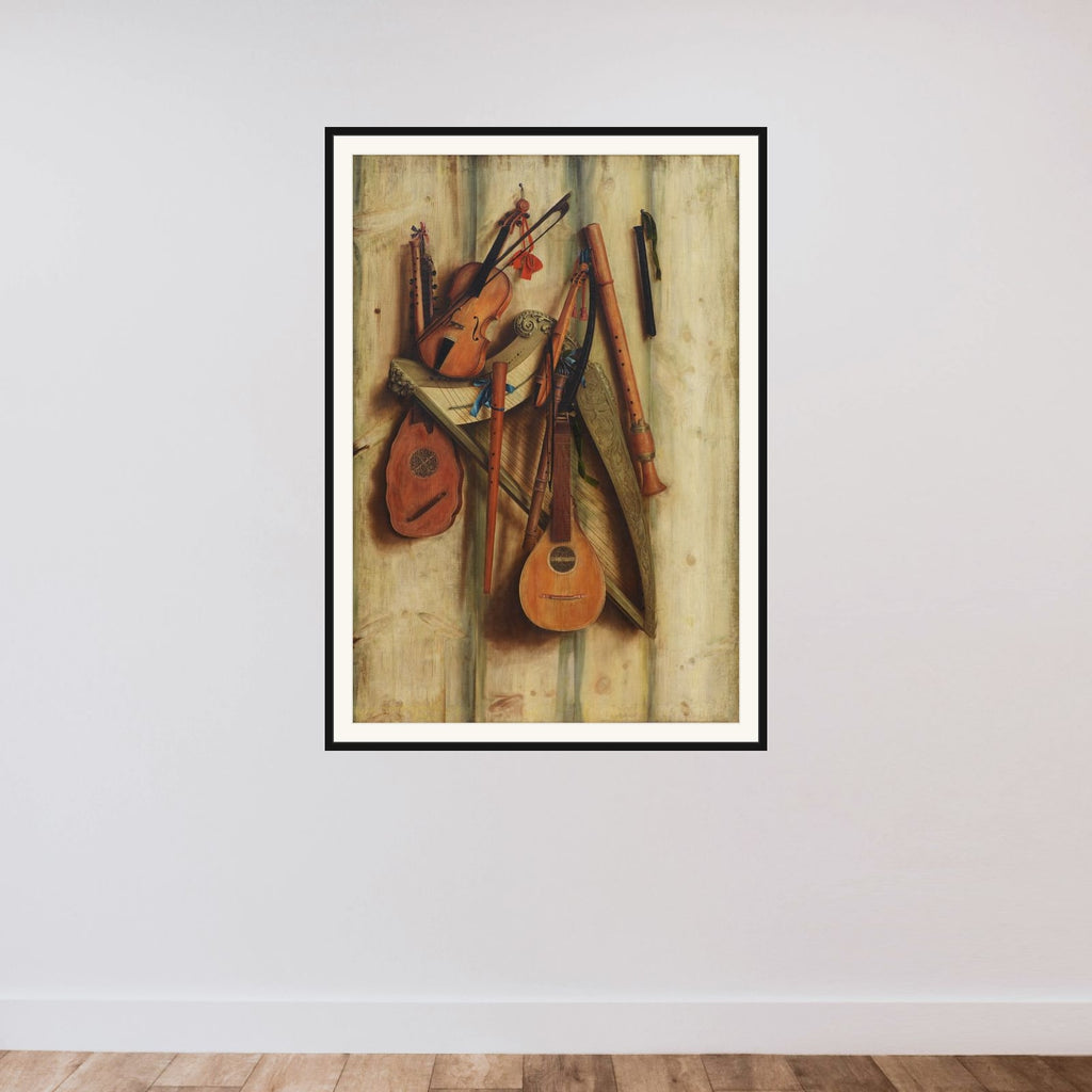 Bræddevæg med musikinstrumenter. Trompe l'oeil framed — shown to scale