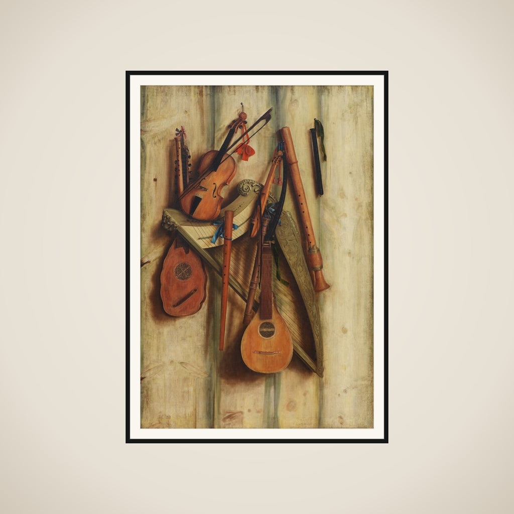 Bræddevæg med musikinstrumenter. Trompe l'oeil framed