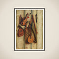 Bræddevæg med musikinstrumenter. Trompe l'oeil framed