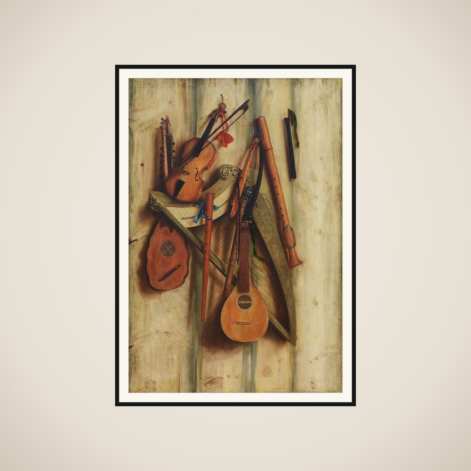 Bræddevæg med musikinstrumenter. Trompe l'oeil framed