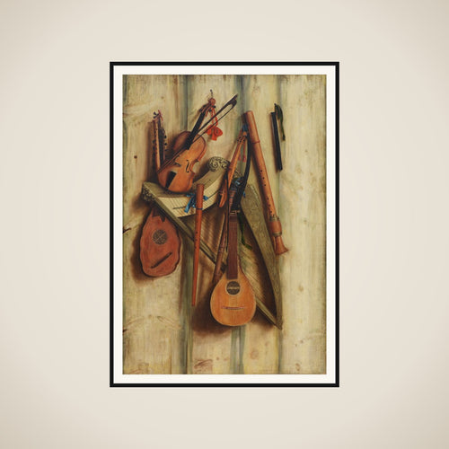Bræddevæg med musikinstrumenter. Trompe l'oeil framed