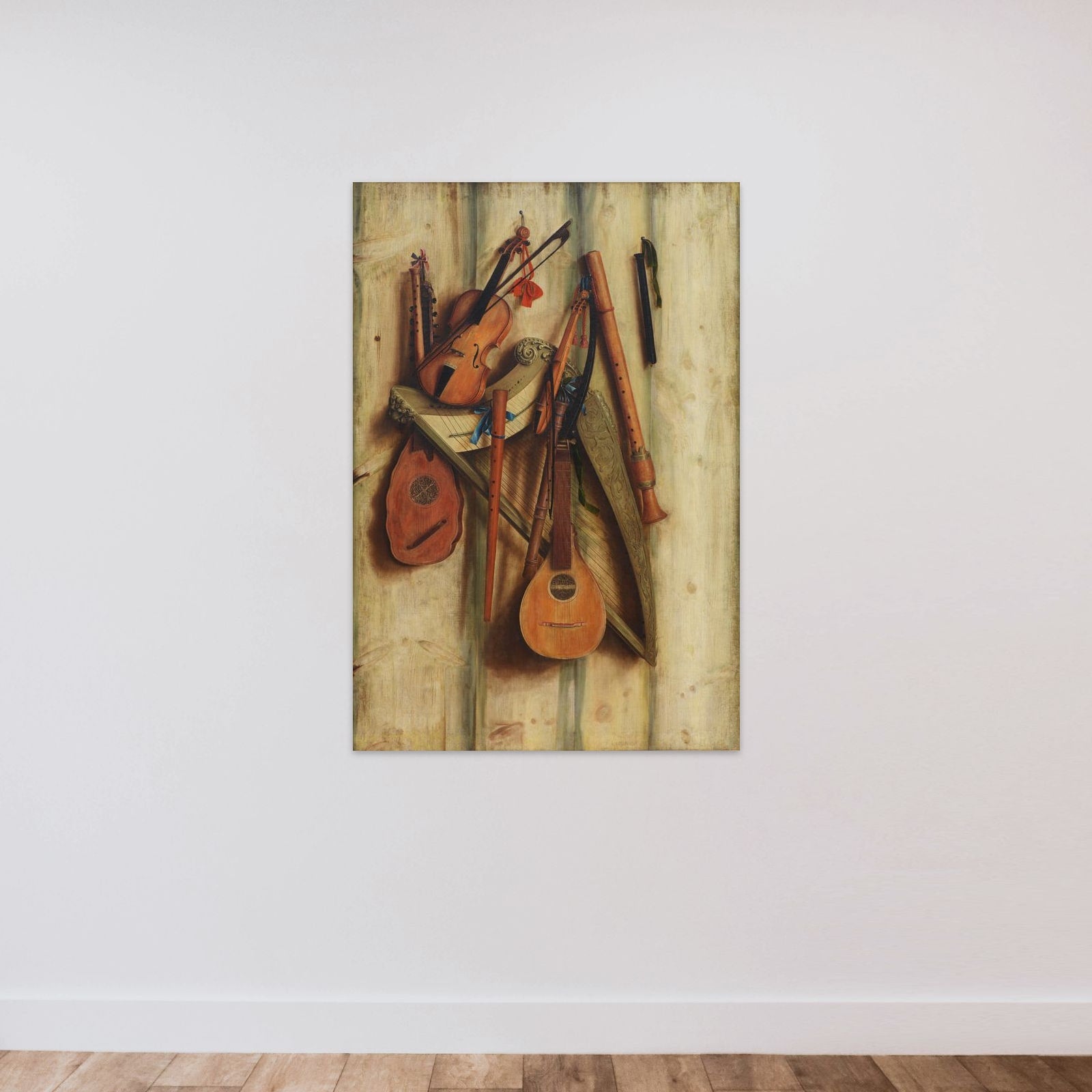 Bræddevæg med musikinstrumenter. Trompe l'oeil unframed — shown to scale