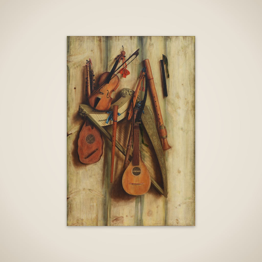 Bræddevæg med musikinstrumenter. Trompe l'oeil unframed print