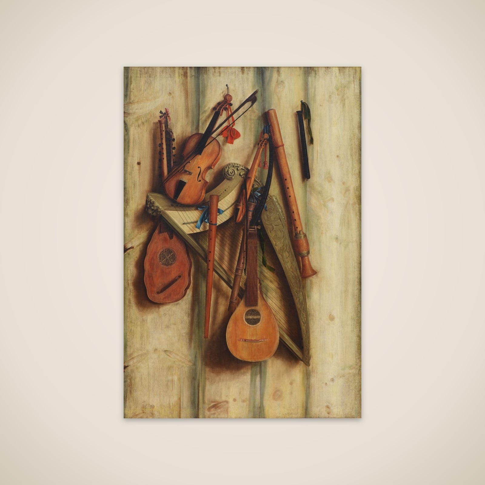 Bræddevæg med musikinstrumenter. Trompe l'oeil unframed print