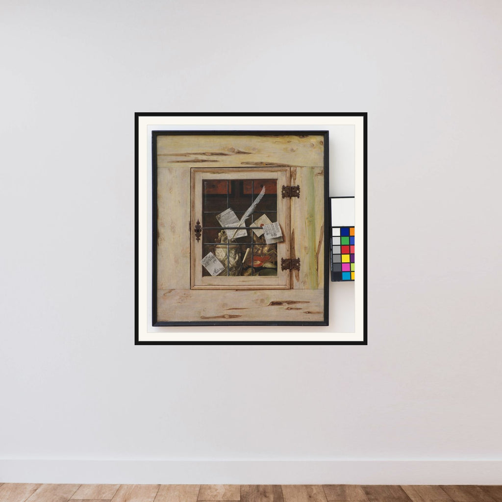 Et kunstkammerskab med elfenbenskrus og andre kunstkammergenstande framed — shown to scale