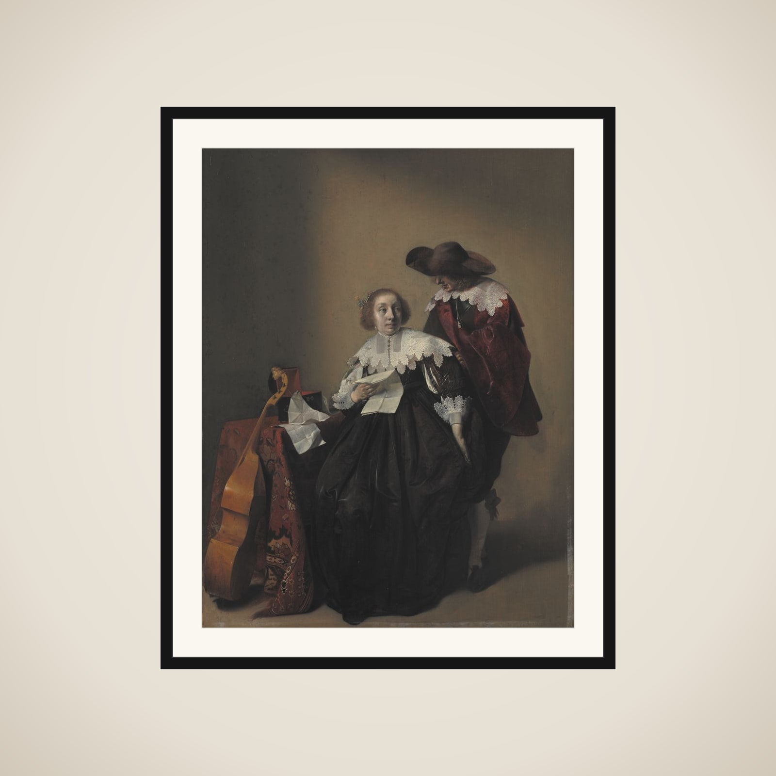 En kvinde med et brev opvartes af en kavaler framed