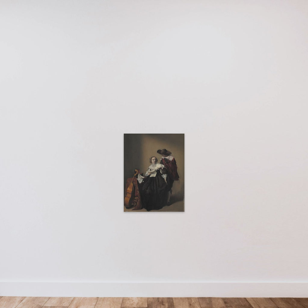 En kvinde med et brev opvartes af en kavaler unframed — shown to scale