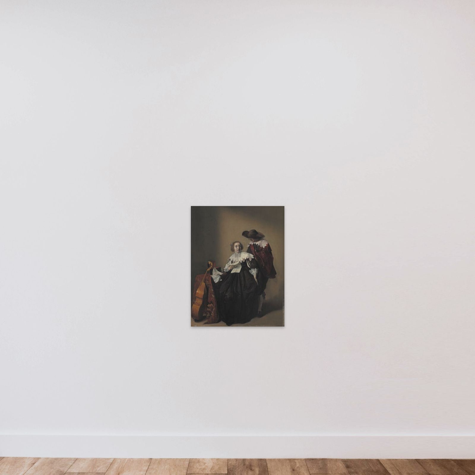 En kvinde med et brev opvartes af en kavaler unframed — shown to scale