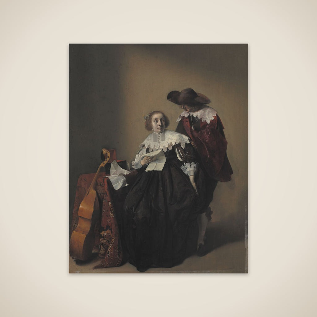 En kvinde med et brev opvartes af en kavaler unframed print