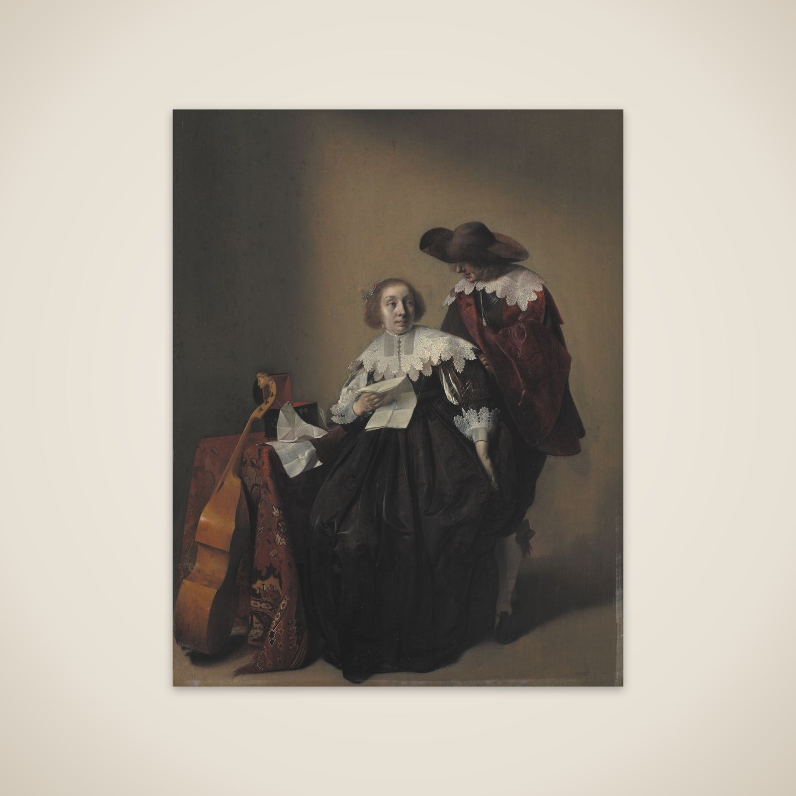 En kvinde med et brev opvartes af en kavaler unframed print