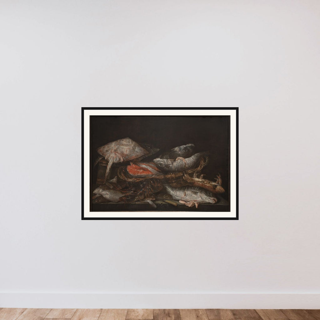 Stilleben med fisk på et stenbord framed — shown to scale