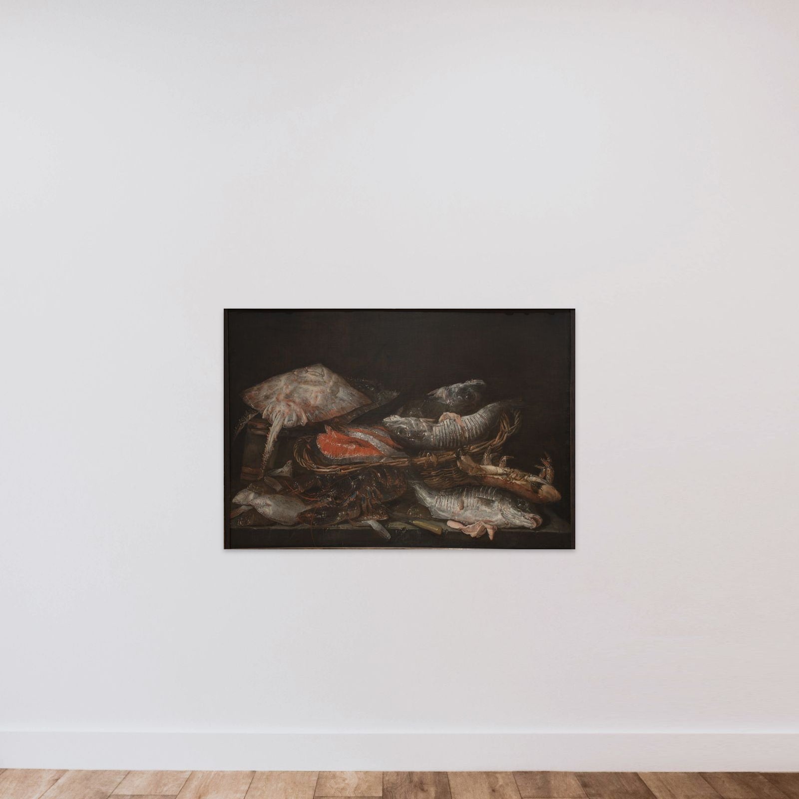 Stilleben med fisk på et stenbord unframed — shown to scale