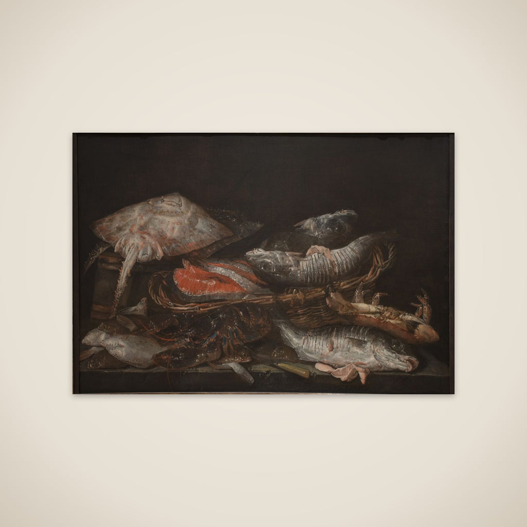 Stilleben med fisk på et stenbord unframed print